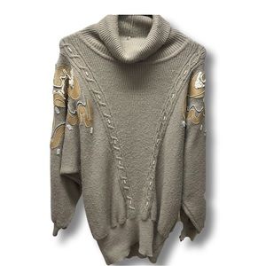 Vintage 80s Tan Sequin Fuzzy Beaded DOLMAN Knit Party Pull Over Sweater Top M